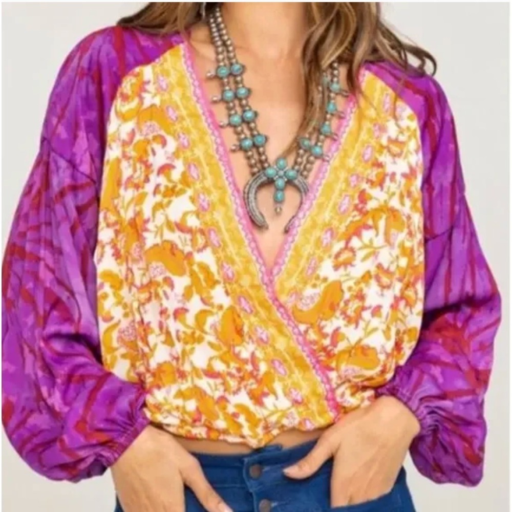 Free People Mixed Print‎ Surplice Crop Top XS Floral Tie Dye Purple Orange Boho